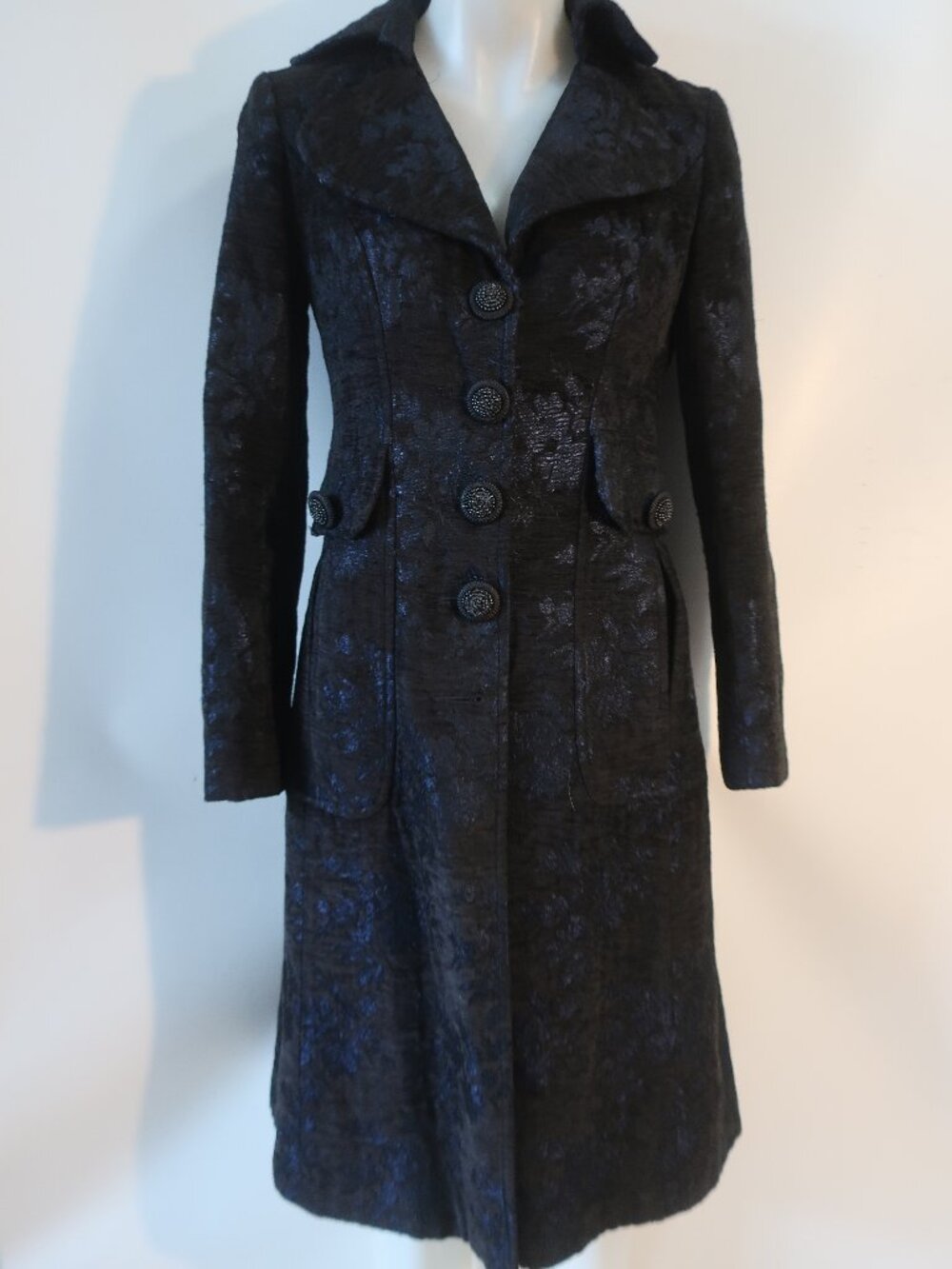 Womens Nanette Lepore Black Blue (Item-1) Floral Brocade Jacquard Duster Coat 2